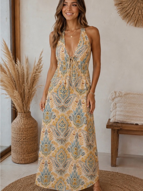 Patrons of Peace Dresses & Skirts - NWT Patrons of Peace Boho Halter Maxi Dress in Yellow Blue size medium